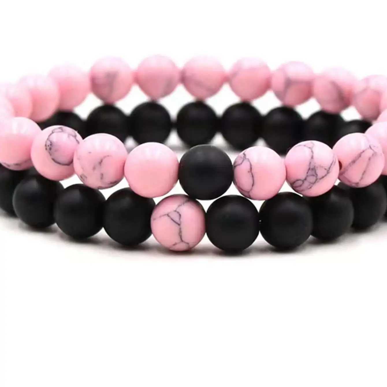 2 pairs of pink and black bead bracelet sets W240913