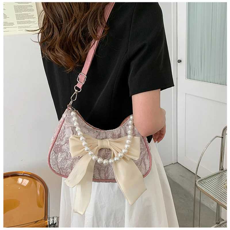 Pearl Female Bag Retro Luxury Designer Handbag Bow Crossbody Bags Fashion Canvas Women S2024 Trend Shoulder Bag Purses 240913