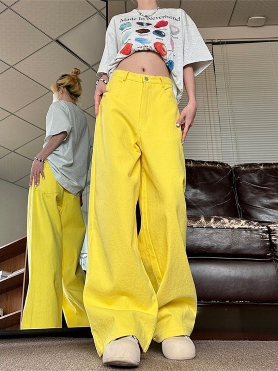 High Waist Chic Simplicity Versatile Wide Leg Baggy Jeans For Women Casual Streetwear Yellow Female Y2k Pants Denim Trousers