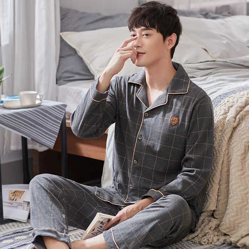 Winter Cotton Pajamas Set Men Button-Down Warm Pijamas Hombre Pure Cotton Sleepwear Homeclothes PJ Grey Plaid Pyjama Plus Size Y240913