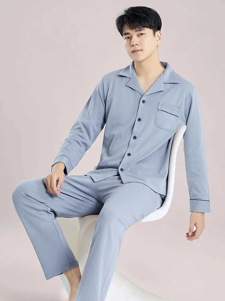 Blue Cotton Pajamas Winter Men Sleepwear Nightwear Full Sleeves PJ Pijama Hombre Home Clothes 2 Pieces Set Cotton Pyjama Homme Y240913