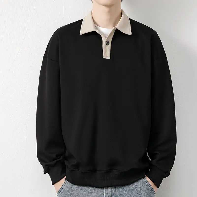 Oversized European and American fashion top with patchwork buttons long sleeves simple solid color decal polo shirt W240913