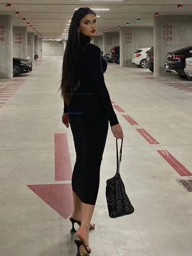Womens SpringSummer Fashion Long Sleeve Street Clothing Tight Black Midi Dress Wholesale Products 240913