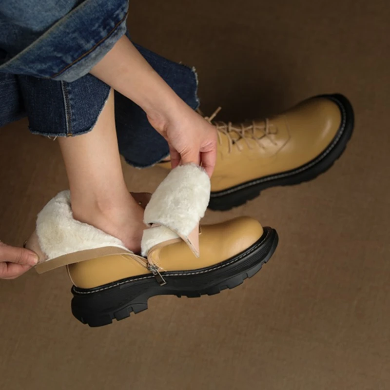 Round Winter Toe Chunky Heel Genuine Leather for Warm Wool Snow Boots Zipper Platform Shoes Women 860b Platm