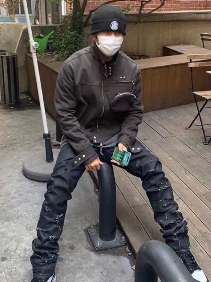 Black Waxed Jeans Mens Distressed StraightLeg Denim with Coated Finish Black Waxed Denim Men Archive High Street Style L251014