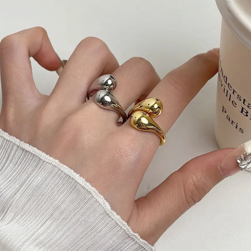 Stainless Steel Smooth Double Ball Beads Rings For Woman Open Gold Color Geometric Wedding Couple Aesthetic Jewelry Gift 240906