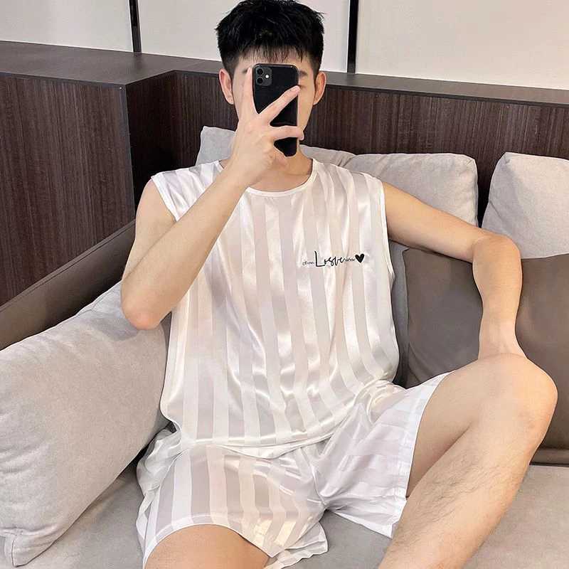 Summer Stripe Mens Pajamas Ice Silk Shorts Two Piece Sleepwear Casual Sleeveless Male Pajama Set Homewear Y240913