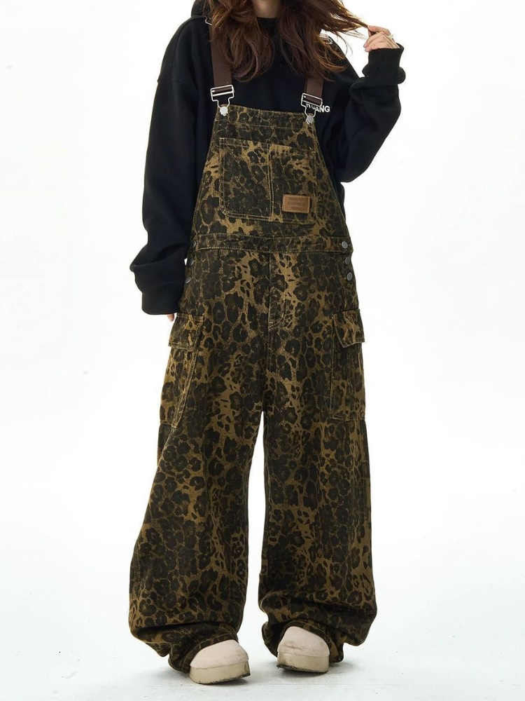 Leopard print suspender jeans ladies n high street hiphop fashion ins high-end sense of loose-fitting wide leg pants