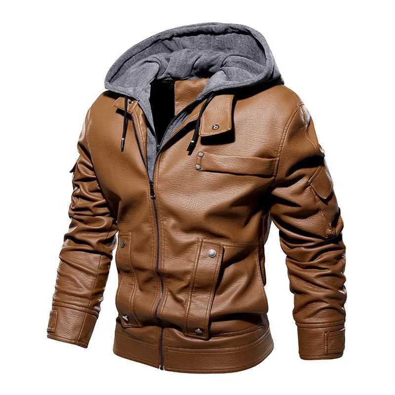 Male Brown Winter PU Leather Coat Long Sleeve Loose Hooded Khaki Zipper Jacket Men Black Windbreaker Plus Size Outerwear XxxlX240913