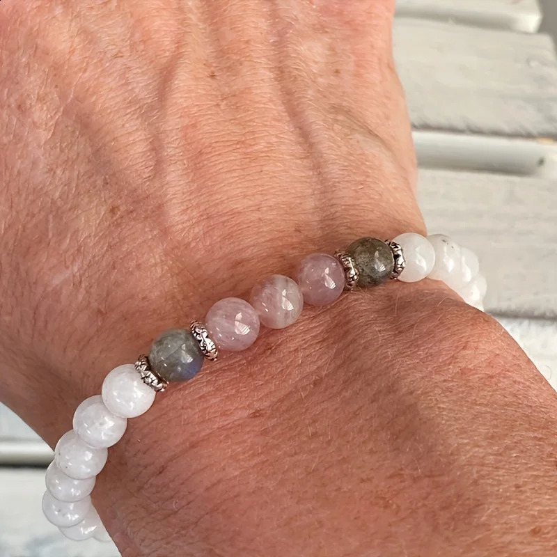 1pcMoonstone Labradorite and Rose Quartz Bracelet Calm Spiritual Beginnings Positive Energy Protection Stress Relief B 240906