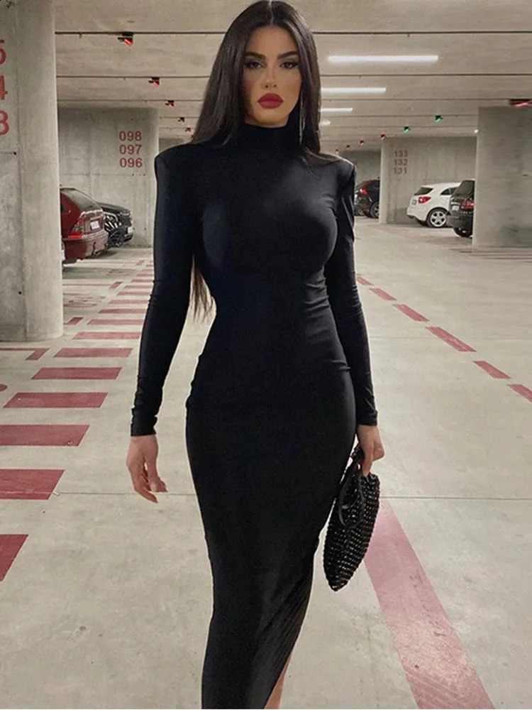 Womens SpringSummer Fashion Long Sleeve Street Clothing Tight Black Midi Dress Wholesale Products 240913