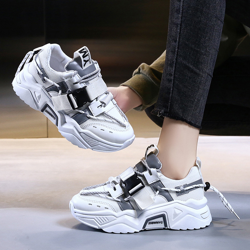 Platform Women Leather Casual Ladies Chunky Shoes 2021 White Woman High Black Fashion Brand Thick Soled Wedge Sneakers d83d