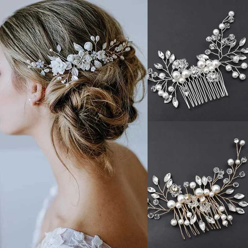 Elegant Handmade Tiara Wedding Hair Comb Flower Bridal Hairpins Pearl Rhinestone Head Jewelry Girls Wedding Hair AccessoriesX240913