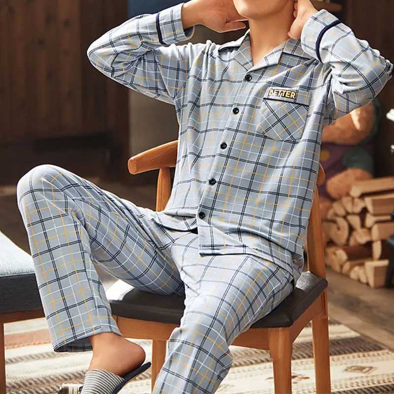 Men Sleepwear Striped Cotton Pajama Sets For Men Short Sleeve Long Pants Sleepwear Pyjama Male Homewear Lounge Wear Clothes Y240913