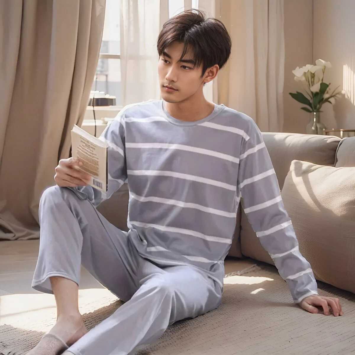 Mens Round Neck Homewear Long Sleeved Pants Set Can Be Worn Externally Leisure Stripe Style Spring And Autumn Pajama Set Y240913