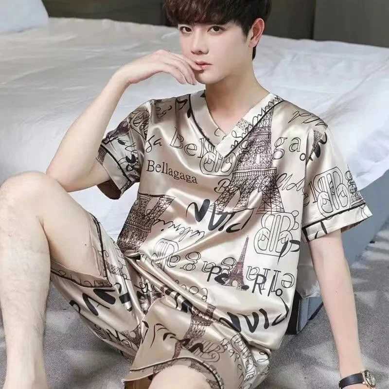 Ice Silk Pajamas Mens Summer Short-sleeved Thin Simulation Silk Pyjamas Casual Large Size Home Wear Sleepwear 2-piece Set Y240913
