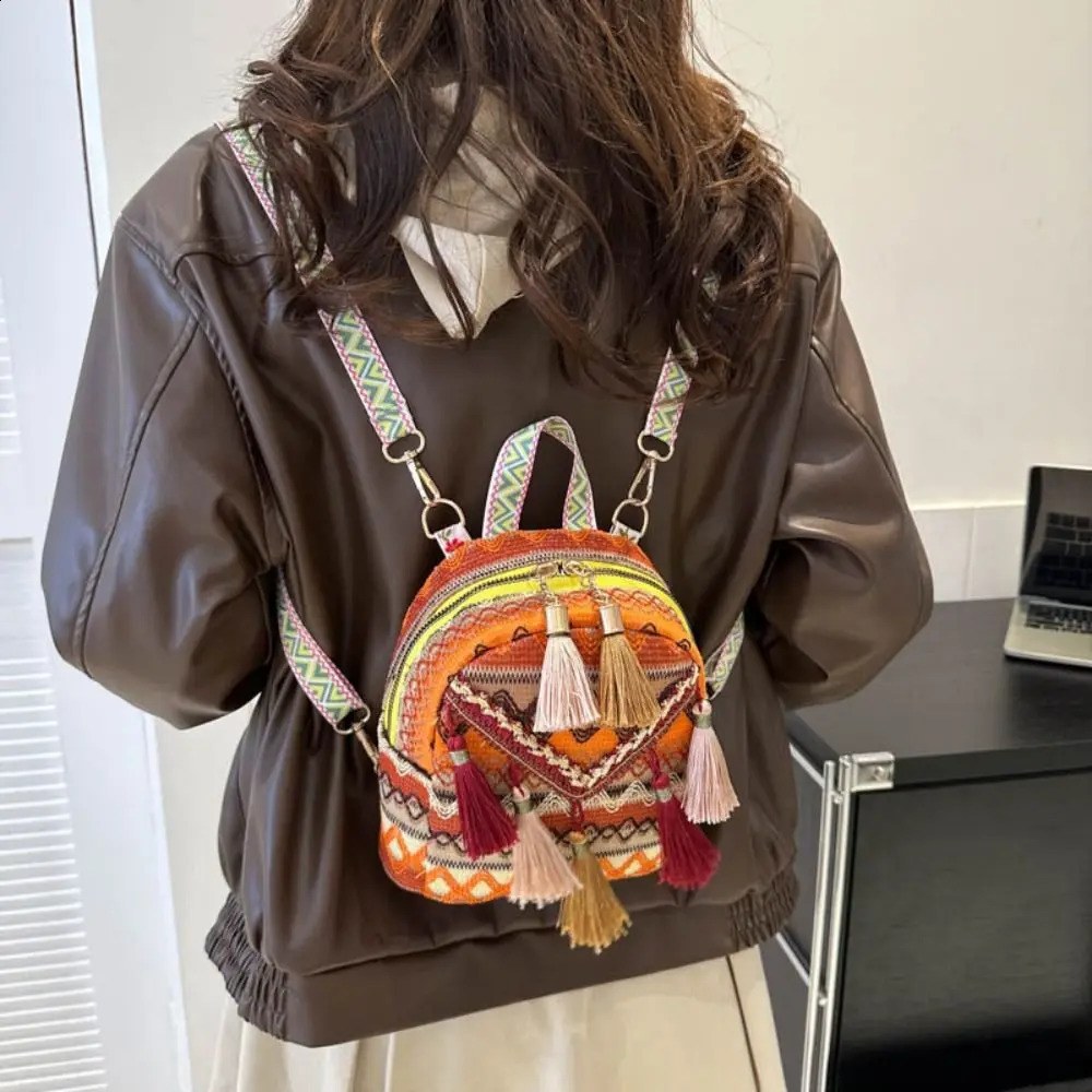 Embroidery ethnic style tassel backpack striped elementary school bag canvas tassel shoulder bag Korean style large capacity 240912