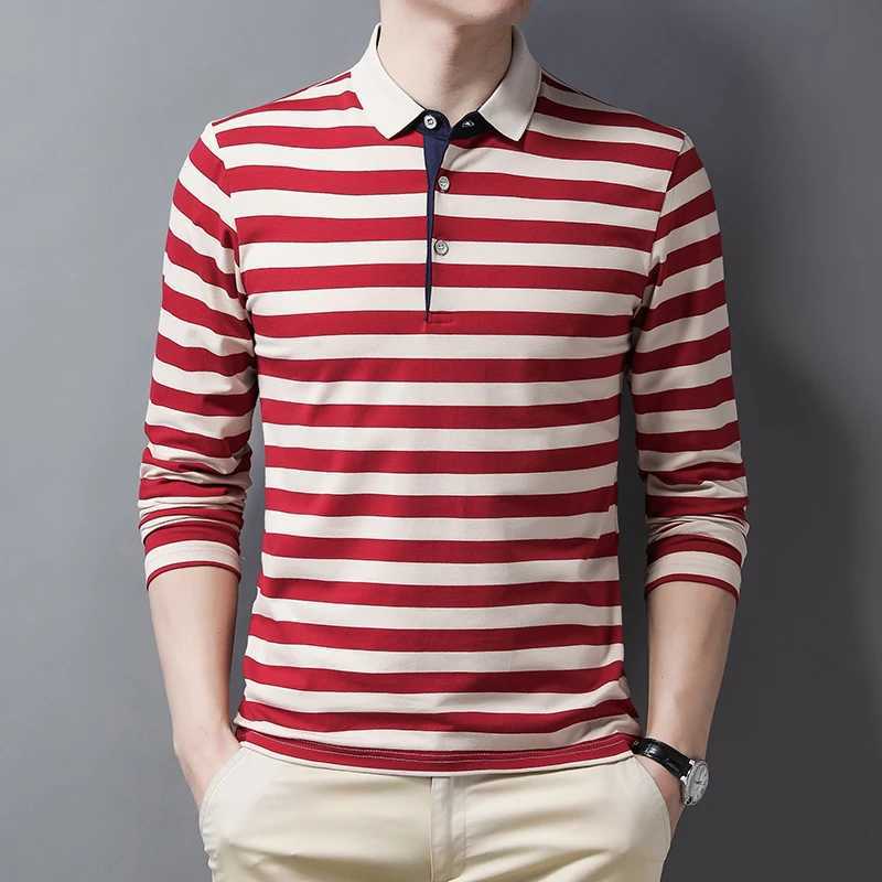 Simple trend autumn mens lapel striped button contrasting color fashionable casual loose long sleeved polo shirt top W240913