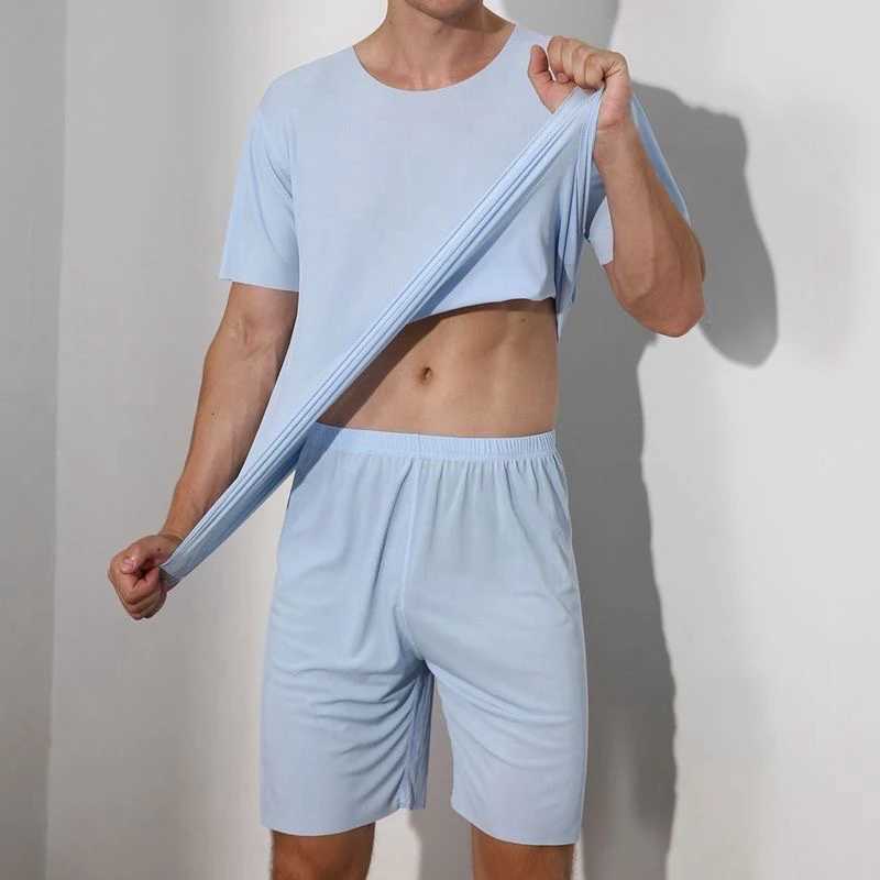 Men Ice Silk Pajamas Solid Shirt Pants 2Pcs Pijamas Sleep Set Casual Male Home Clothes Summer Pyjamas Sleepwear Nightwear Suit Y240913