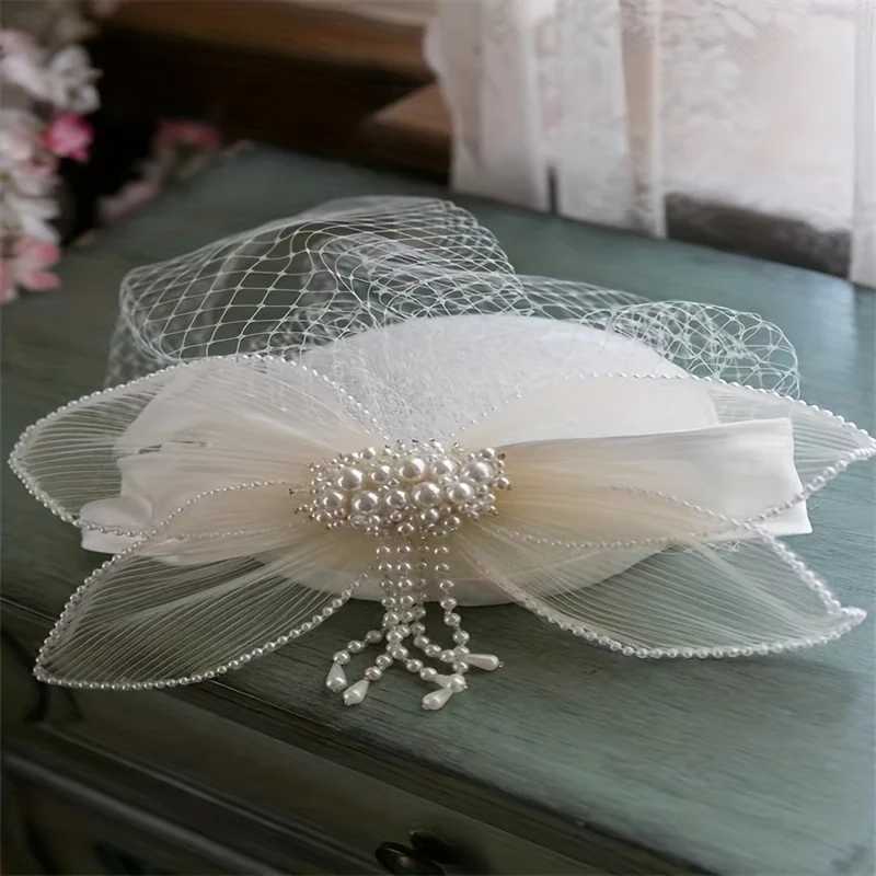Brides Wedding Gown Headdress Vintage Elegant Mesh Top Hat Female White Fairy Hanfu Hair Accessories Super Fairy Pearl HeaddresX240913