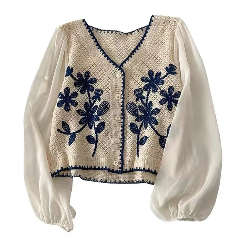 Women Casual VNeck Button Down Cropped Cardigan Puff Long Sleeve Elegant Embroidery Floral for JACKET Cover Up Blouse 240910