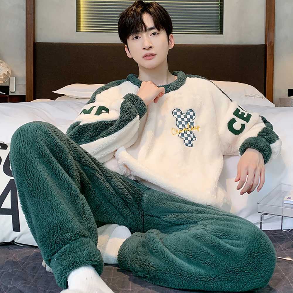 Winter Thicken Flannel Sleepwear for Sleeping Mens Pajamas Set Korean Style Cartoon Pajama Warm Loose Comfortable pijama hombre Y240913