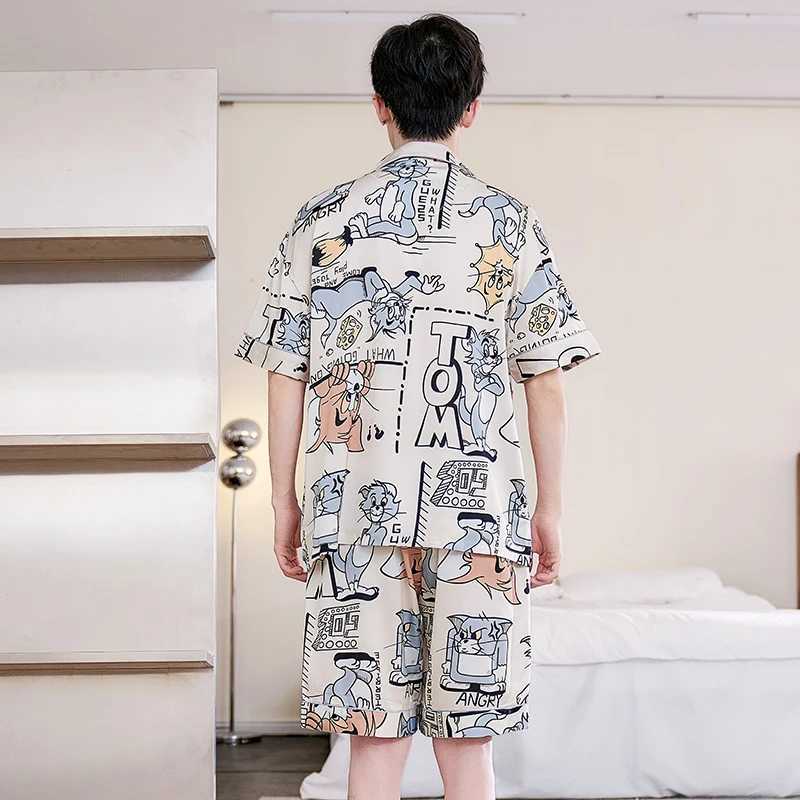 2024 Summer Men Sleepwear Big Size Pajamas Male Ice Silk Cute Pijama With Shorts Pants Satin Nightwear Clothes Modern Nightgown Y240913