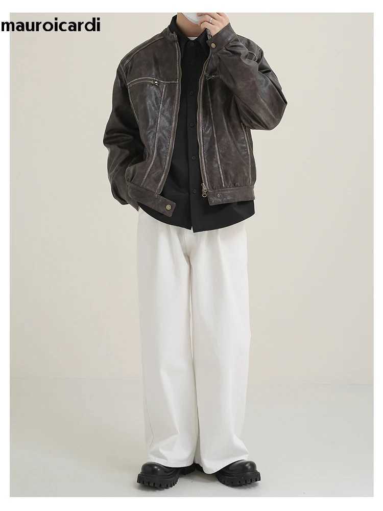 Mauroicardi Spring Autumn Short Vintage Cool Distressed Washed Pu Leather Moto Biker Jacket Men Zipper Luxury Designer ClothesX240913