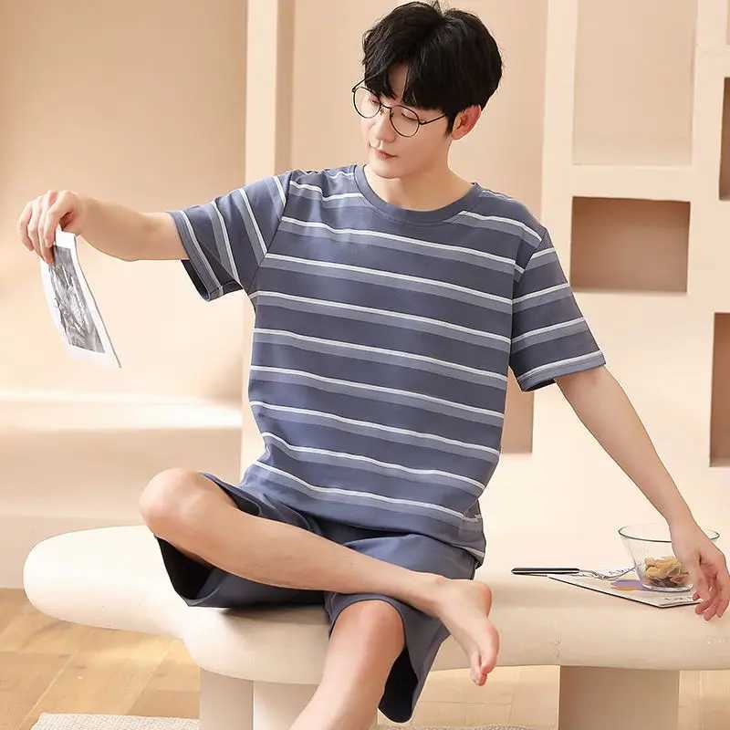 2023 Cotton Mens Pyjamas Set Summer Short Sleeve Sleeping Tops Shorts Sleepwear Young Boys Nightwear Korean Fashion Pjs Pijamas Y240913