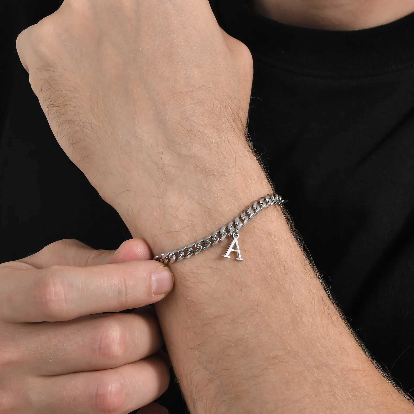 Mens Initials Cuban Links Bracelets Stainless Steel A-Z 26 Letter Alphabet Charm Chain Adjustable Wristband Casual Jewelry Gift XJ250707