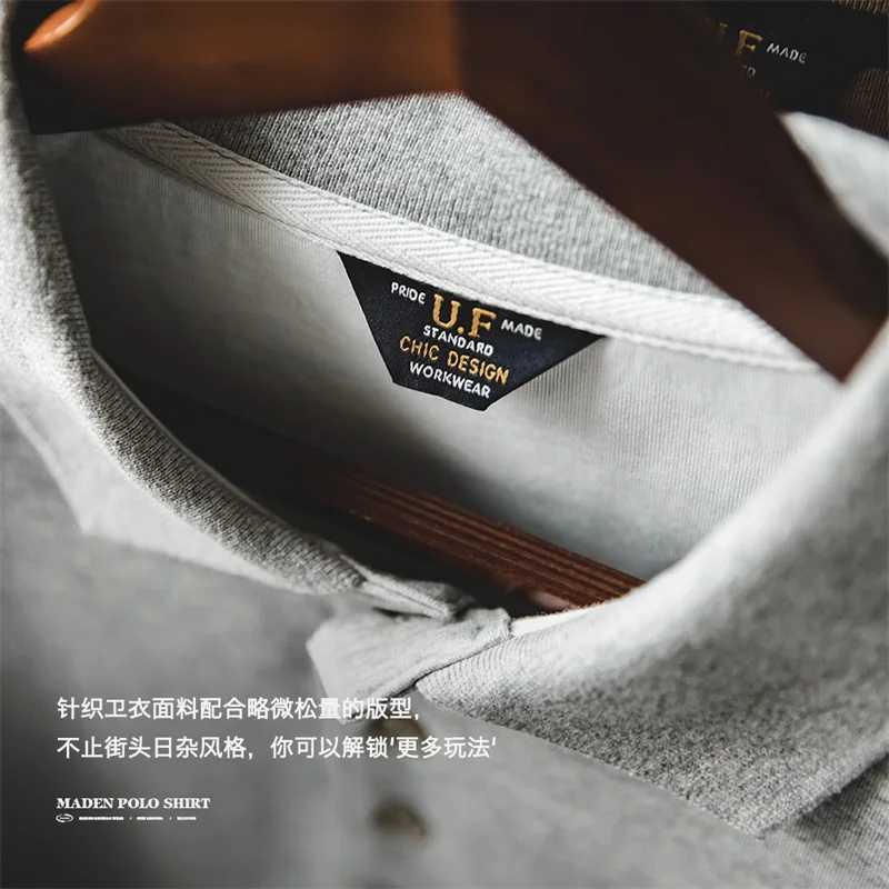 Maden 2023 Spring Retro Mens Super Large Polo Shirt Casual Solid Color Long Sleeve T-shirt Fashion Collar Flat Top W240913