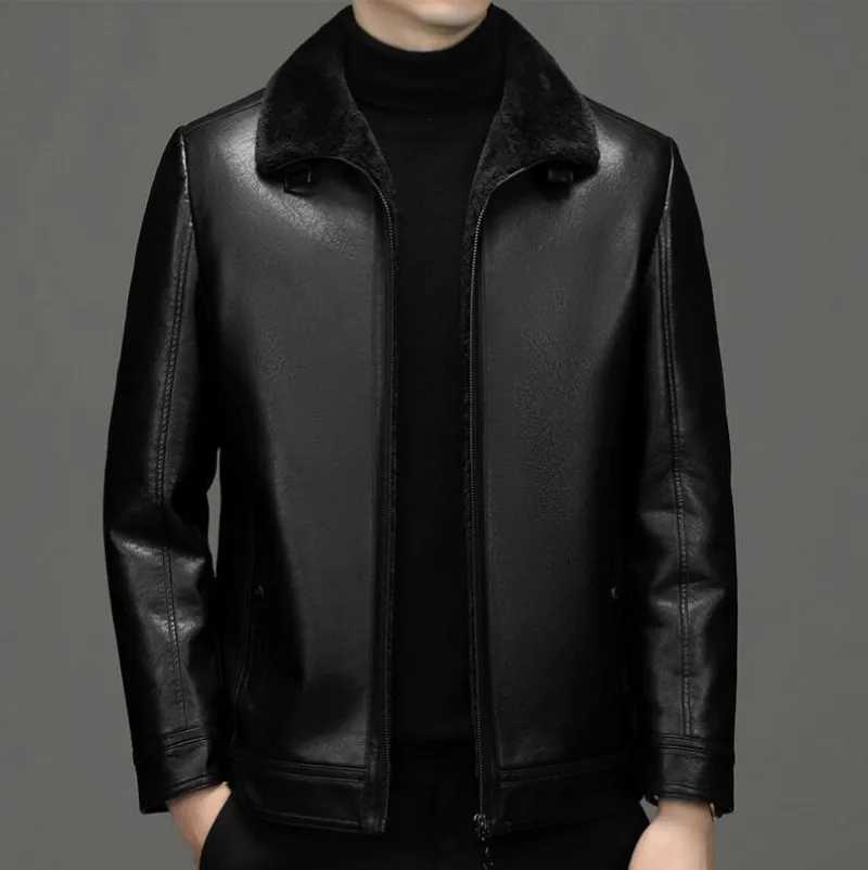 2023 Autumn And Winter Mens High End Natural Leather Coat Lamb Fur Collar Middle Aged And Youth Jacket Business Casual WearX240913