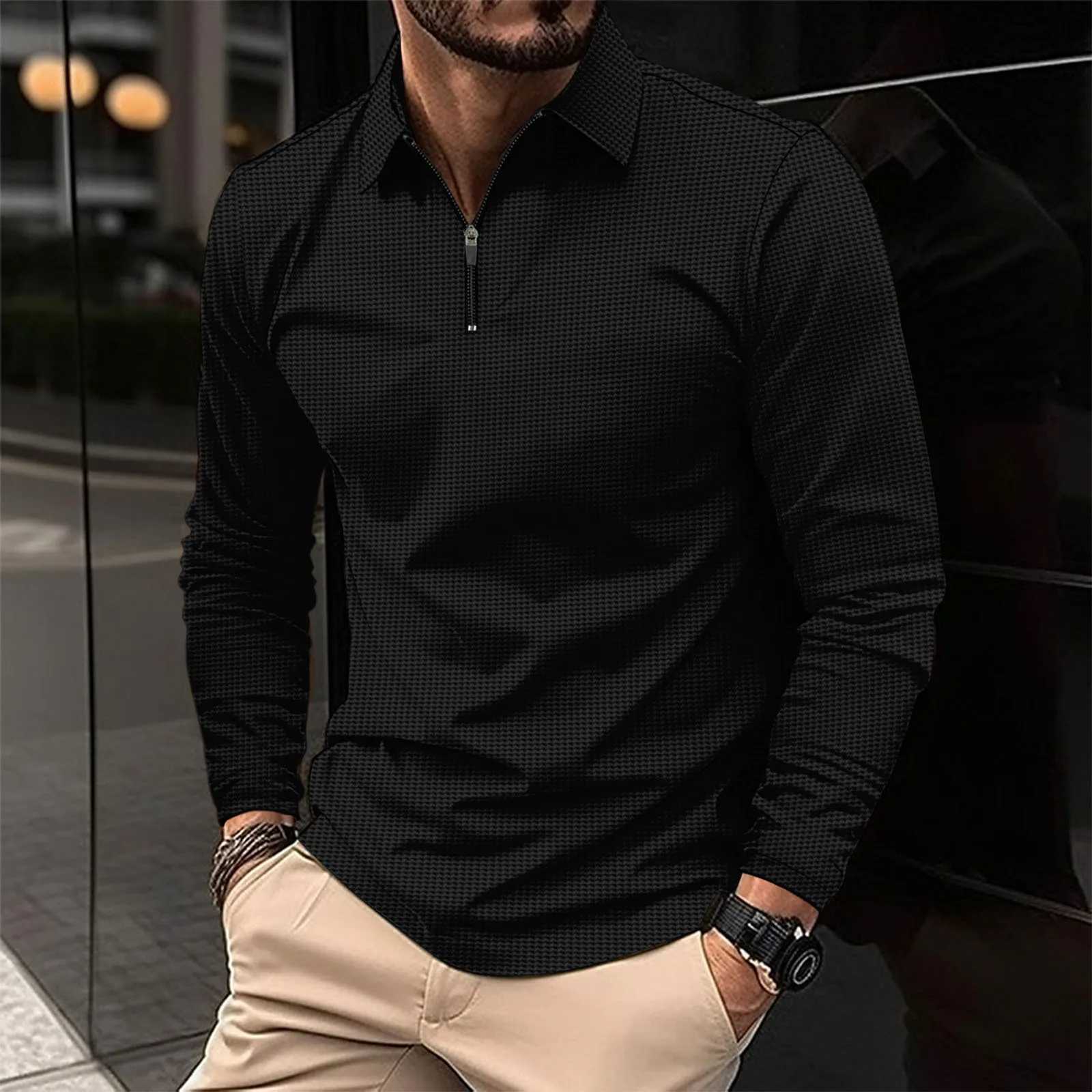 New Long Sleeve Solid Color Polo Shirt with Flip Collar Long Sleeve Waffle Zipper Fashionable 2023 Autumn Thin T-shirt Casual Loose Handsome Top W2409