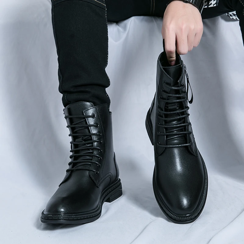 Mens 2024 High Top British Style Thick Bottom Motorcycle Leather Black Laced Denim Round Toe Side Zipper Punk Boots d8cb