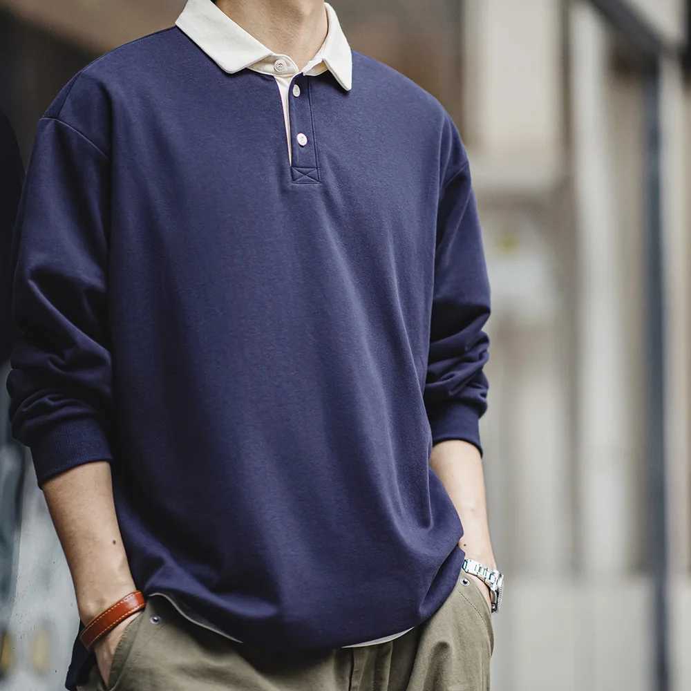 Madden New American Retro Knitted Comparison Polo Shirt Academy Style Loose Collar Long Sleeve T-shirt Mens Spring Top W240913