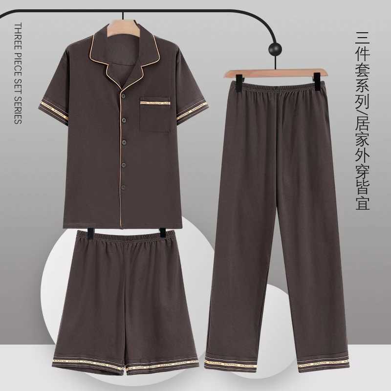 Cardigan Plaid Tops+Shorts+Long Pants 3 Piece Set Men Pajamas Sets Soft Cotton Nightwear Summer Pyjamas Male Sleepwear Pijamas Y240913