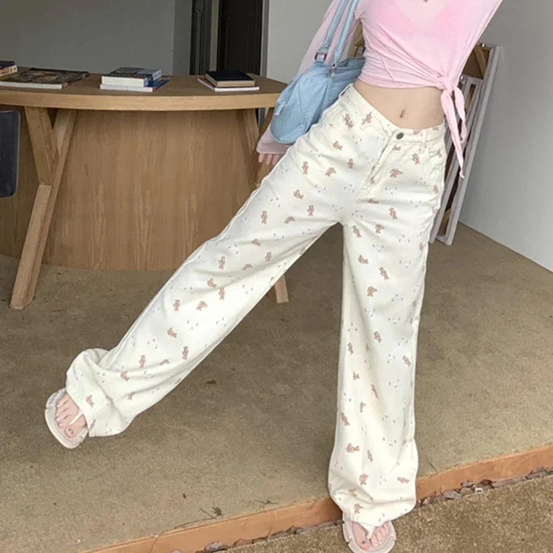 2024 Woman High Waist Korean Sweet Wide Leg Jeans Lady Y2k Casual Cutecore Pants Female Fashion Kawaii Pink White Denim Trousers