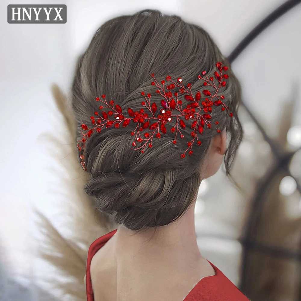 HNYYX Bridal Wedding Hair Accessories Red Rhinestone Headpieces Leaf Shaped Hair Vine Ladies Girls Holiday Tiara Gift A225X240913