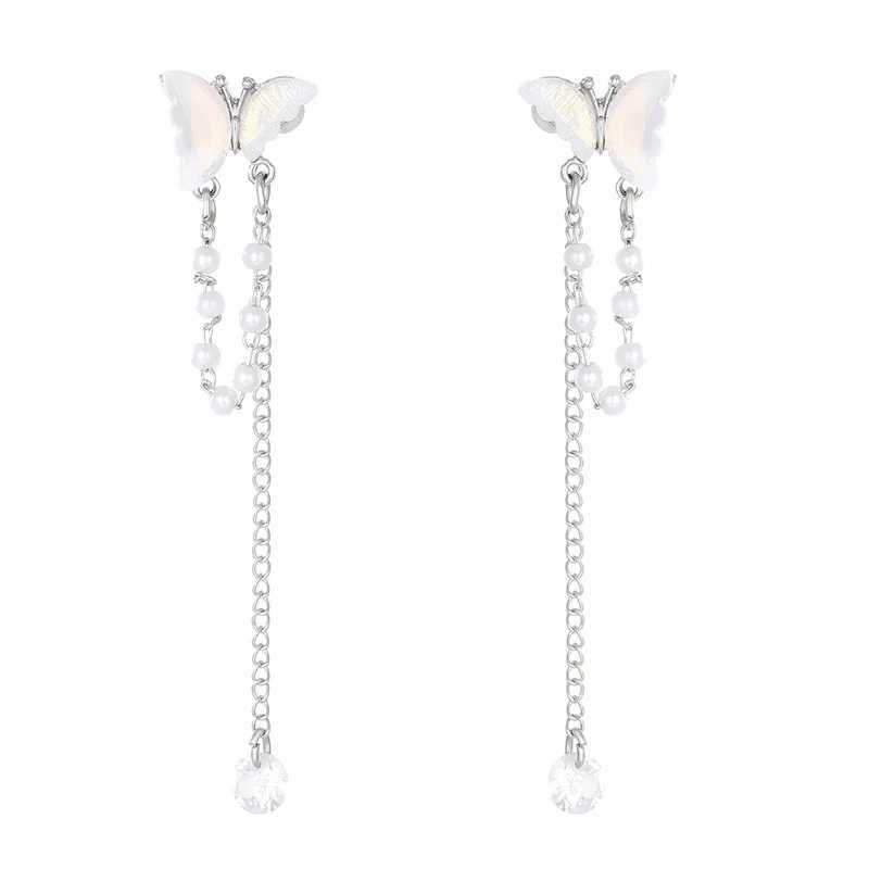 Y2K Fairy Zircon Shell Butterfly Tassel Ear Clips Angel Ear Bone Clip Earring Elf Female Pearl Dangle Earrings Fashion JewelryX240913