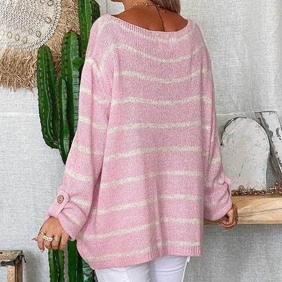 2024 autumn winter new plus size with contrasting stripes, round neck loose and versatile, lazy style sweater for women