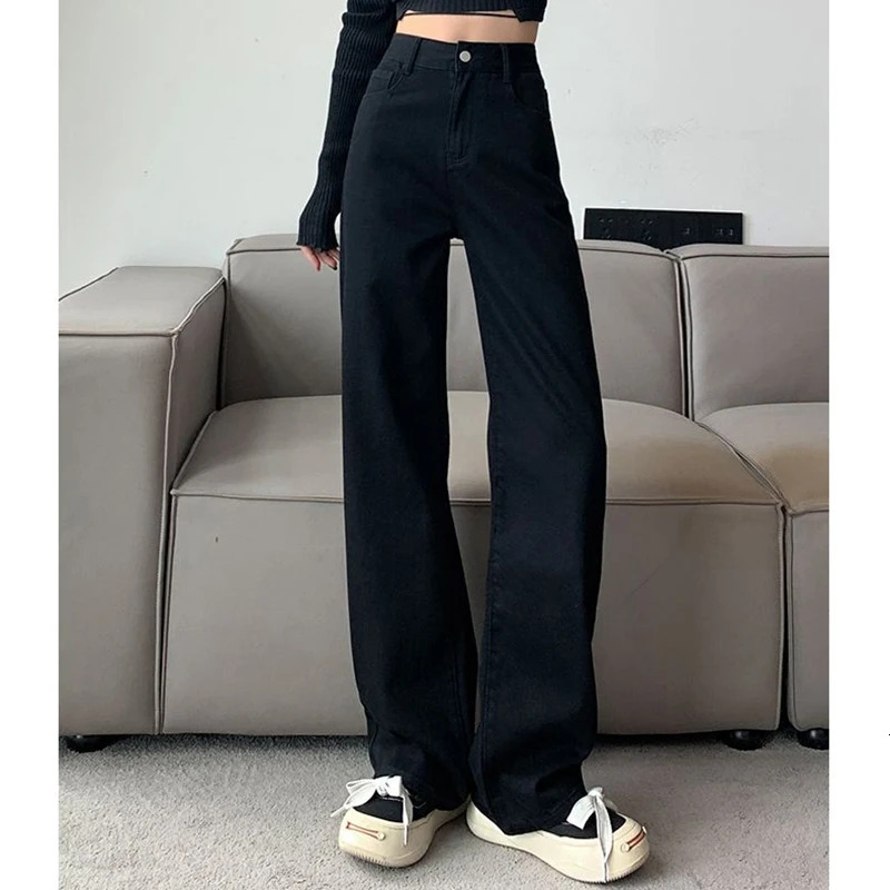 Woman High Waist Slim Fit Wide Jeans Female Y2k 2000s Casual Straight Leg Pants Girls Fashion Black Loose Denim Trouserse2024