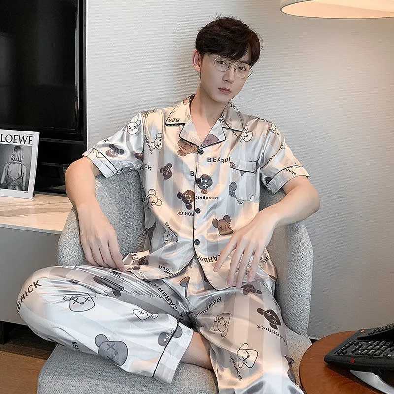 Large 5XL Men Underwear 2Piece Set Spring Pyjamas Short Sleeve Trousers Suit Casual Home Wear Silk Boy Pajama Leisure Sleepwear Y240913