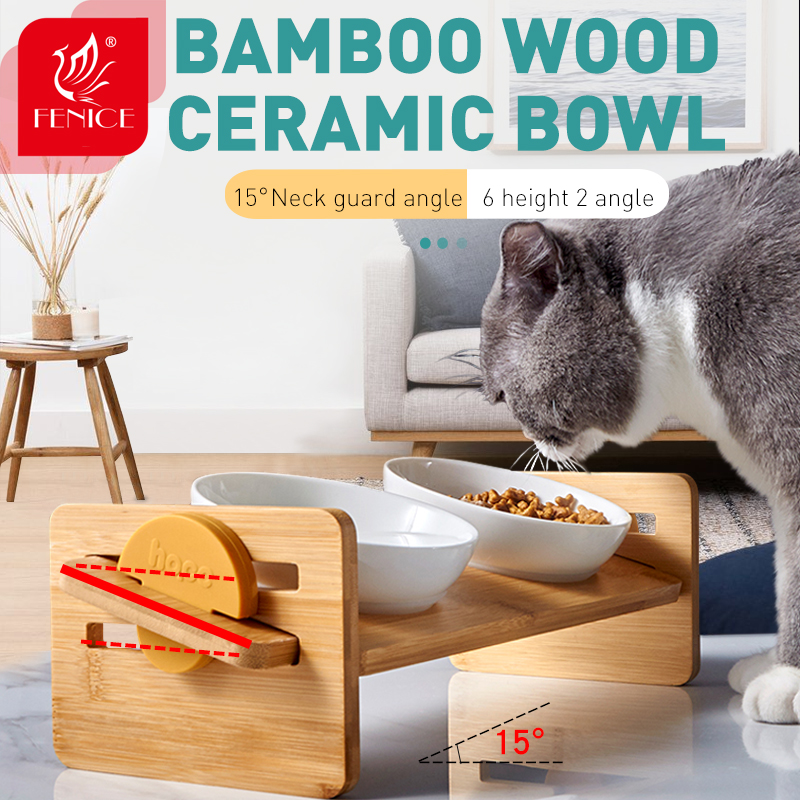 Fenice Cat Raised Bowl for Cats and Small Dog Adjustable Elevated Bamboo Stand Cats Food and Water Drinker Ceramic Bowls