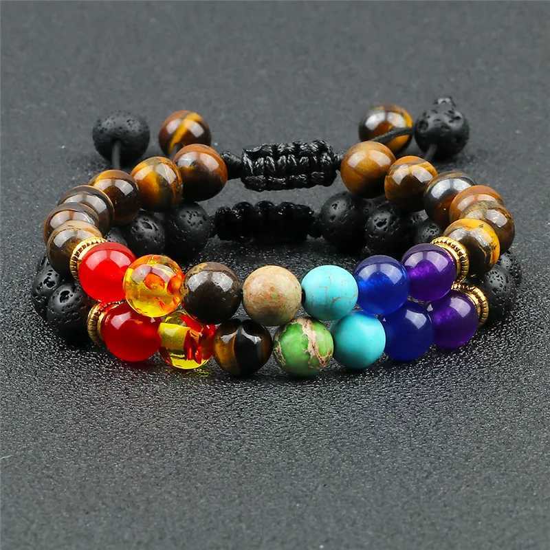 Mens 8mm natural bead bracelet with fused rock 7 chakras adjustable womens rope chain yoga couple bracelet W240913