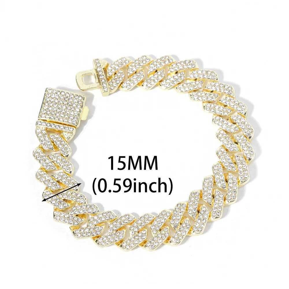 Shiny Hip Hop 15mm Cuban Link Chain Bracelet For Men Silver Color Iced Out Rhinestone Miami Bracelets Punk Women with Box ClaspX240913