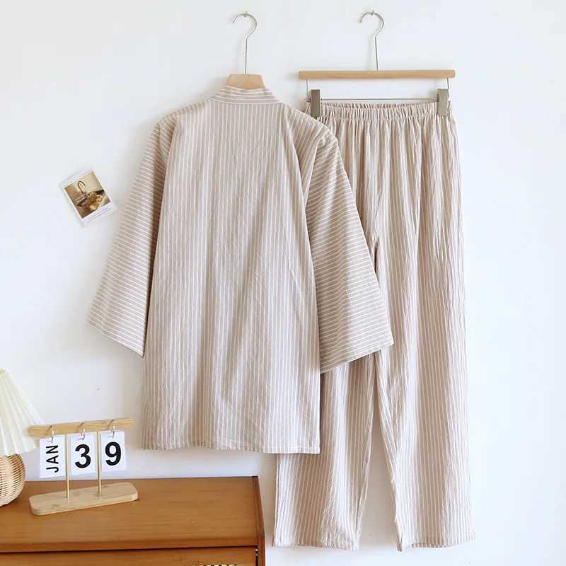 Striped Design Kimono Robes Set Pajamas for Mens Sleepwear Cotton Loose Oversized Long Pants Thin Sweat Steamed Home Clothes Y240913