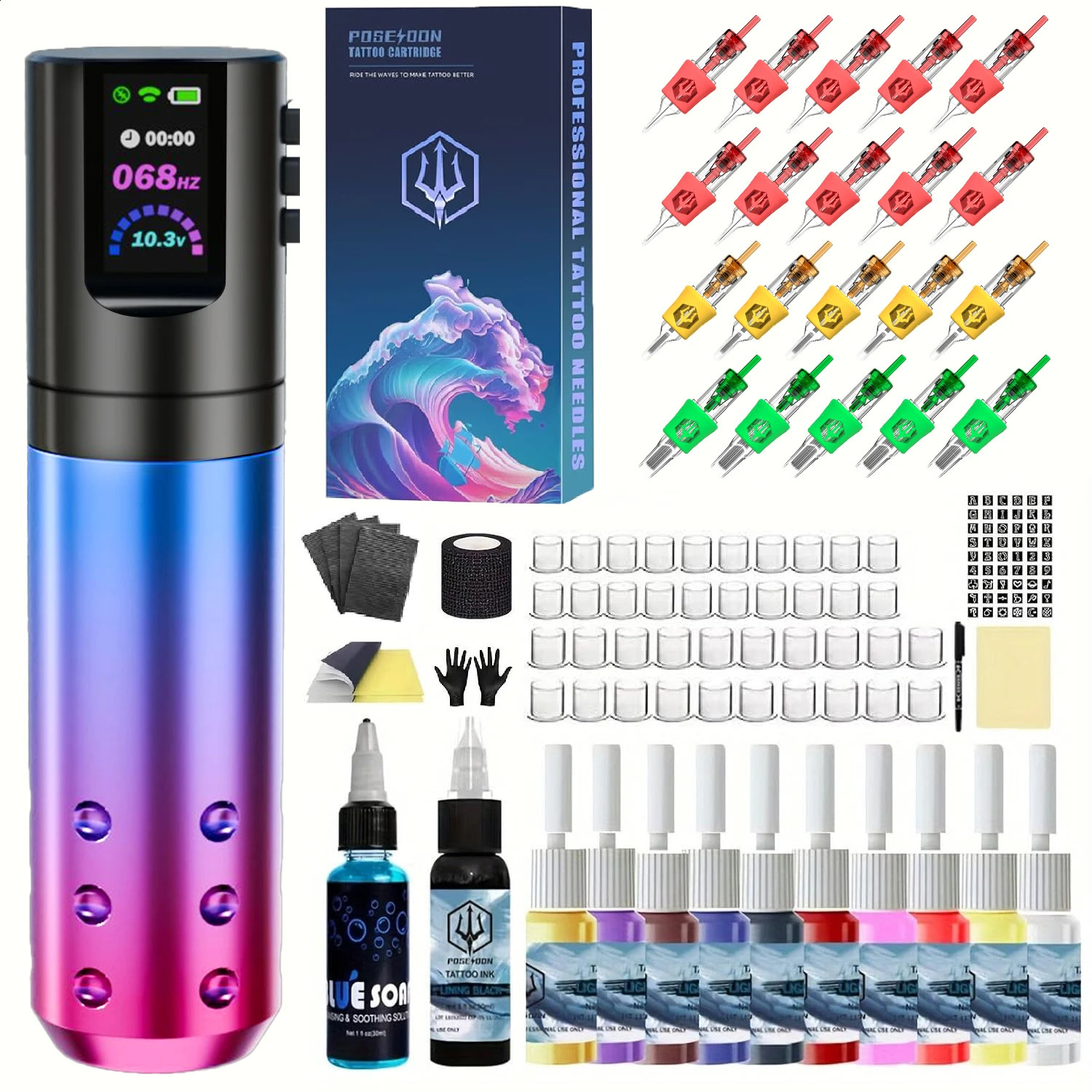 Tattoo Kit POSEIDON Pen For Permanent Makeup Machine Wireless Power Supply Gun 240903