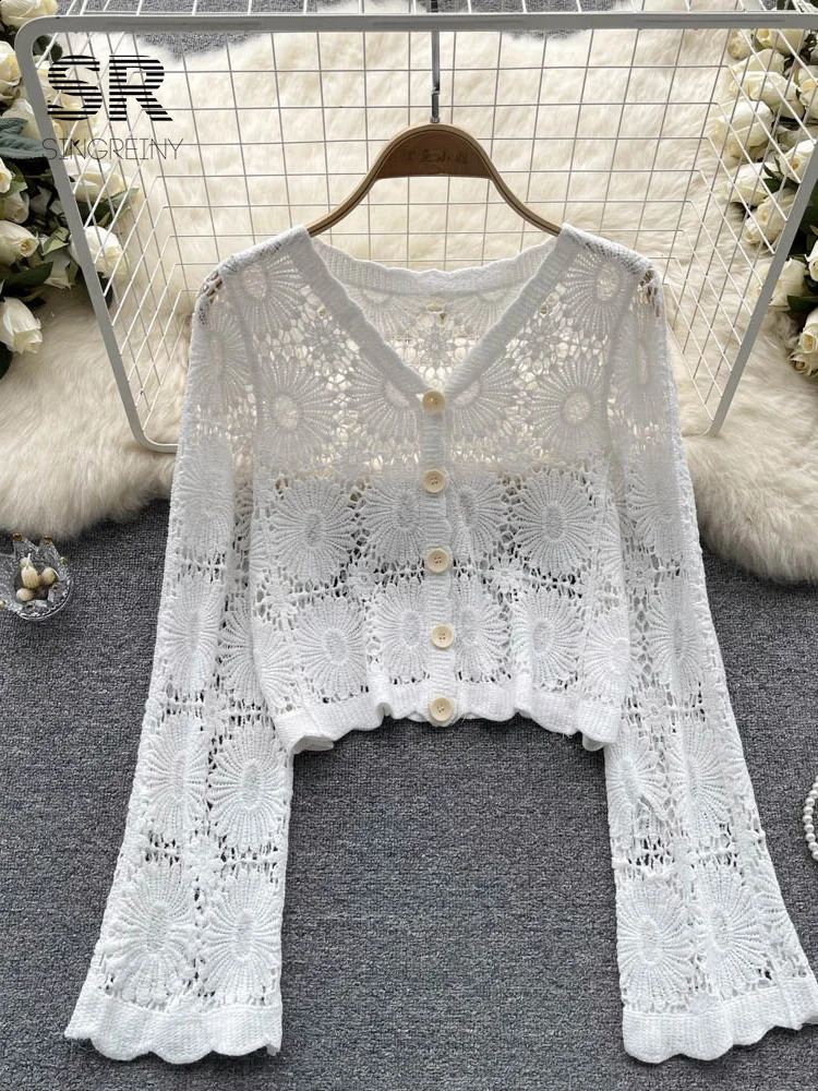 SINGREINY Summer Sunscreen Floral Cardigan V Neck Long Sleeves Loose Knitted Top Fashion Beach Vacation Casual Blouse 240910