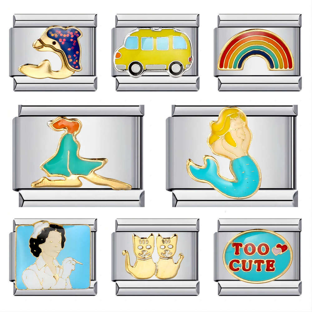 Spring Titanium Gold-Plated enamel Cartoon DIY beadBracelet Italian Charm Bracelet Italian Charm Links Stainless Steel Fit 9Mm Bracelet Jewelry DIY Ma