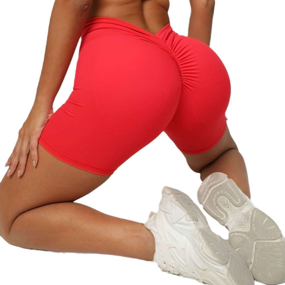 Deep V-shaped Wrinkled and Tight Fitting Yoga with Raised Hips at the Back Waist New Style Without Awkward Thread Peach Buttocks Fitness Shorts Yoga J
